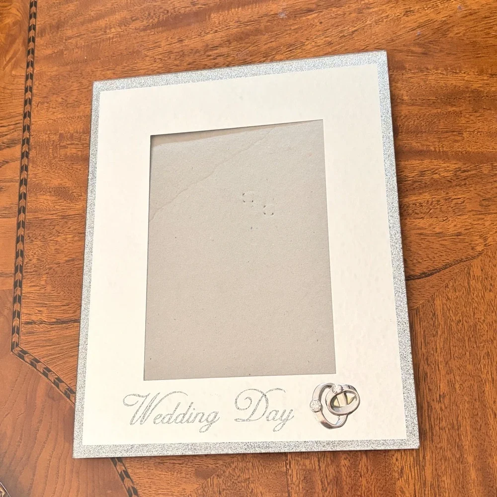 Wedding Picture Frame Mirror Silver Glitter Interlocking Rings Rhinestones 8x10